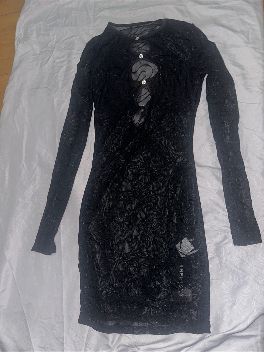 SHEIN Black Long Sleeve Lace Cutout Bodycon Dress with Button Accents